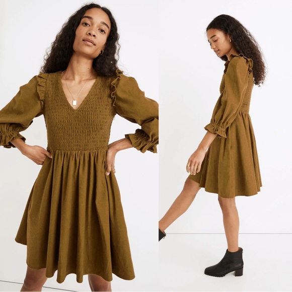 Madewell • Flannel Lucie V-Neck Smocked Mini Dress green ruffle puff sleeve - Picture 1 of 11